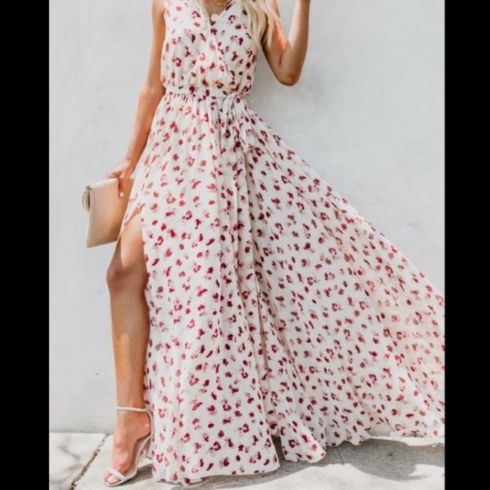 Vici Red & Off White Floral Print Maxi Dress with Belt and Side Slits, Small